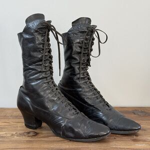 Antique Victorian Edwardian Tall Boots Womens Black Leather Lace Up 1890s Witchy